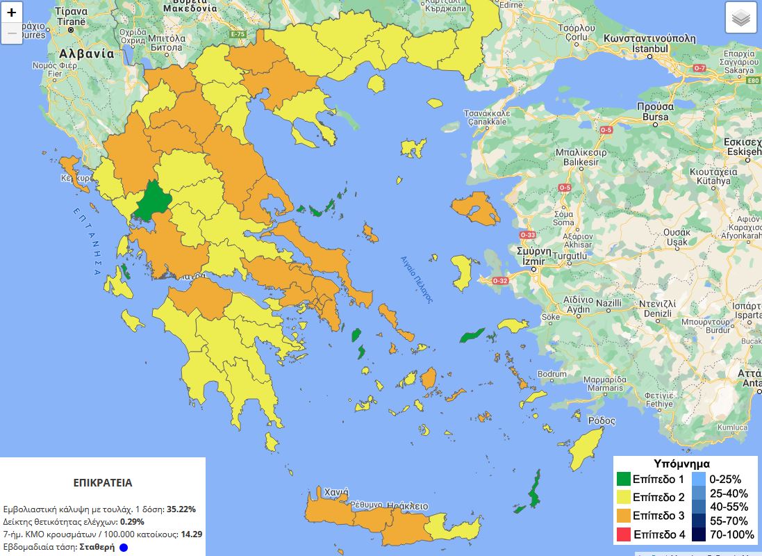 Τι περιλαμβάνει ο νέος επιδημιολογικής χάρτης – Στο Επίπεδο 3 (Πορτοκαλί) η Π.Ε. Κοζάνης, η Π.Ε. Φλώρινας και η Π.Ε. Γρεβενών στο επίπεδο 2 (Κίτρινο) η Π.Ε. Καστοριάς